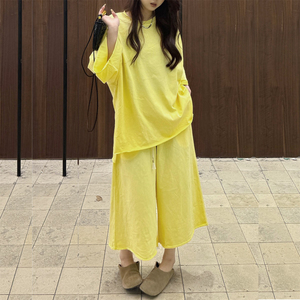 夏季新款松弛感穿搭时尚休闲套装纯棉短袖T阔腿裤七分裤子两件套