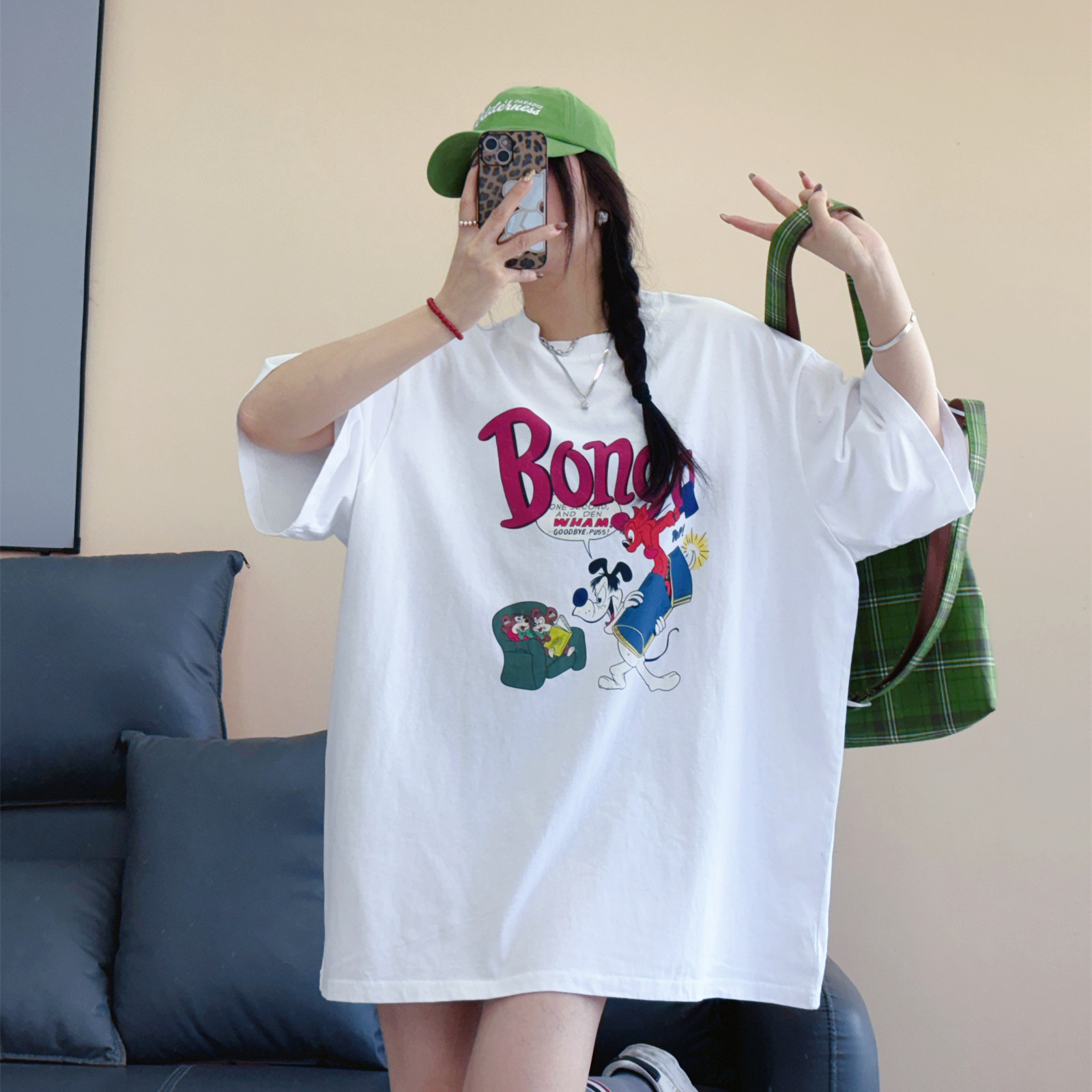 夏季美式复古卡通大狗短袖T恤女 加肥加大胖mm中长款半袖纯棉上衣