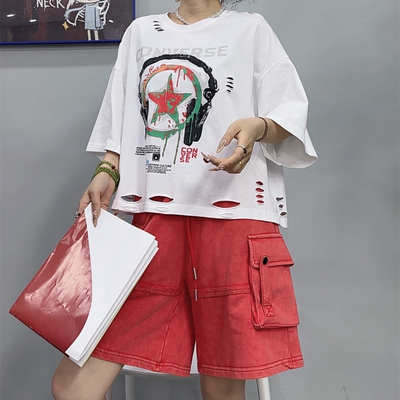 2025夏季宽松短款破洞短袖T恤女