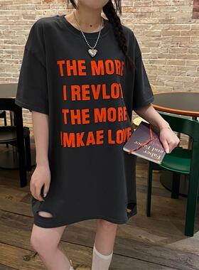 JL SUNFLOWER宽松显瘦一件出门上衣夏季女装新款破洞潮酷字母t恤