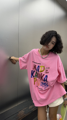 短袖t恤女宽松重工刺绣亮片上衣