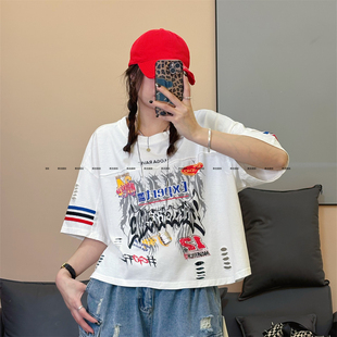欧货大版夏季纯棉半袖女T新款时尚宽松潮牌T恤女显瘦百搭短款短袖