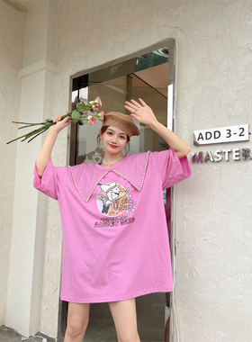 JL SUNFLOWER韩版宽松卡通印花短袖t恤女夏季重工刺绣钉珠上衣ins