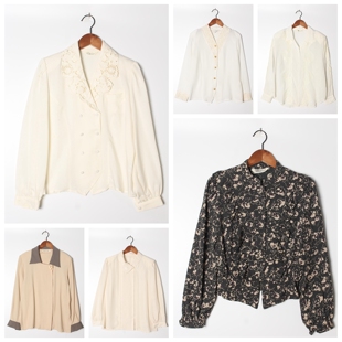 古着Vintage孤品日系小清新百搭纯色刺绣开衫 碎花棉麻女衬衫