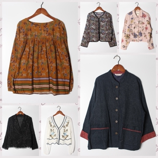 古着Vintage孤品日系小清新百搭纯色刺绣开衫 碎花棉麻女衬衫