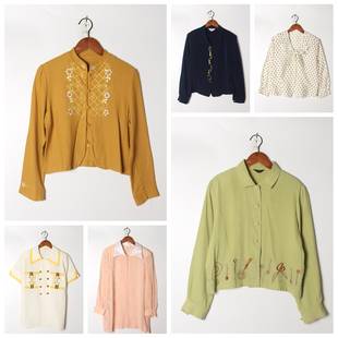 实拍售卖129 女上衣 古着Vintage孤品棉麻花刺绣白衬衫 孤品日系