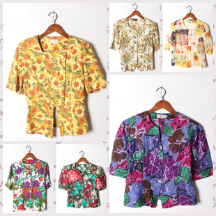 实拍售卖134 女上衣 古着Vintage孤品棉麻花刺绣白衬衫 孤品日系