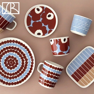 Unikko日本限定蓝棕波点陶瓷马克杯手握杯盘子碗 芬兰Marimekko