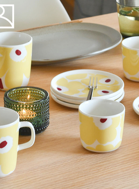 芬兰Marimekko 2024日本限定浅黄色Unikko马克杯手握杯圆盘子餐具