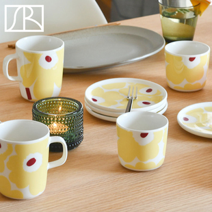 芬兰Marimekko 2024日本限定浅黄色Unikko马克杯手握杯圆盘子餐具