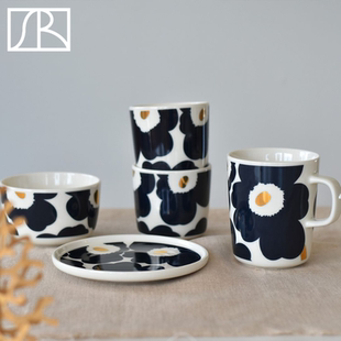 芬兰Marimekko Unikko日本限定深蓝金马克杯对杯咖啡杯碗点心盘