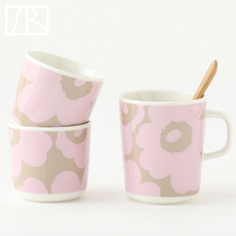 芬兰Marimekko Unikko日本限定粉棕罂粟花陶瓷马克杯手握杯碗碟子