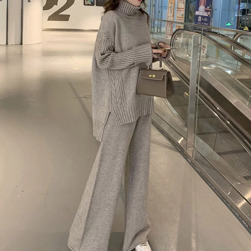 2024秋冬新款慵懒风宽松高领毛衣套装女洋气时髦阔腿裤两件套女