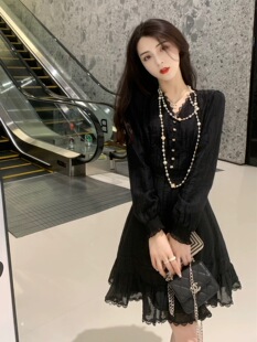 法式黑色V领长袖连衣裙女2025新款早秋小个子气质女神范掐腰短裙