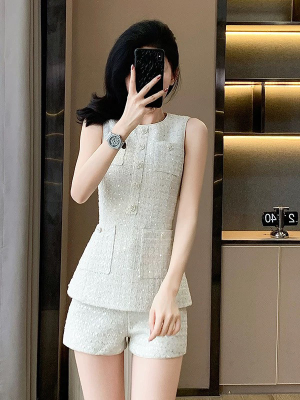 名媛气质千金小香风套装女夏季新款款亮片无袖上衣高腰短裤两件套,女装/女士精品,时尚套装,淘宝优惠券,粉丝福利购,淘宝优惠卷
