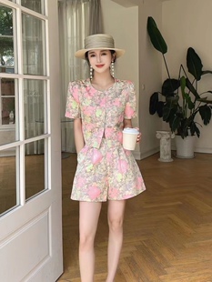 欧货时尚套装爆款潮女夏素木小香风显瘦高腰短裤洋气时髦炸街套装