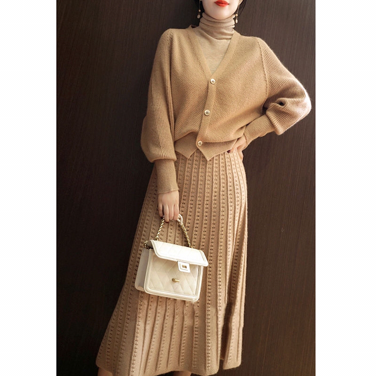 秋冬新款仙美套装针织长袖开衫镂空中长款荷叶边半身裙时尚两件套