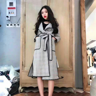 2021秋冬新款韩版中长款ulzang鹿皮绒格子外套加羽绒棉加厚风衣女