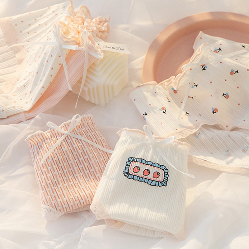 甜美蝴蝶结蕾丝边草莓枕头花螺纹内裤女纯棉裆中腰包臀少女三角裤