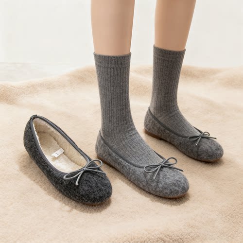 韩里韩气毛呢加绒蝴蝶结单鞋