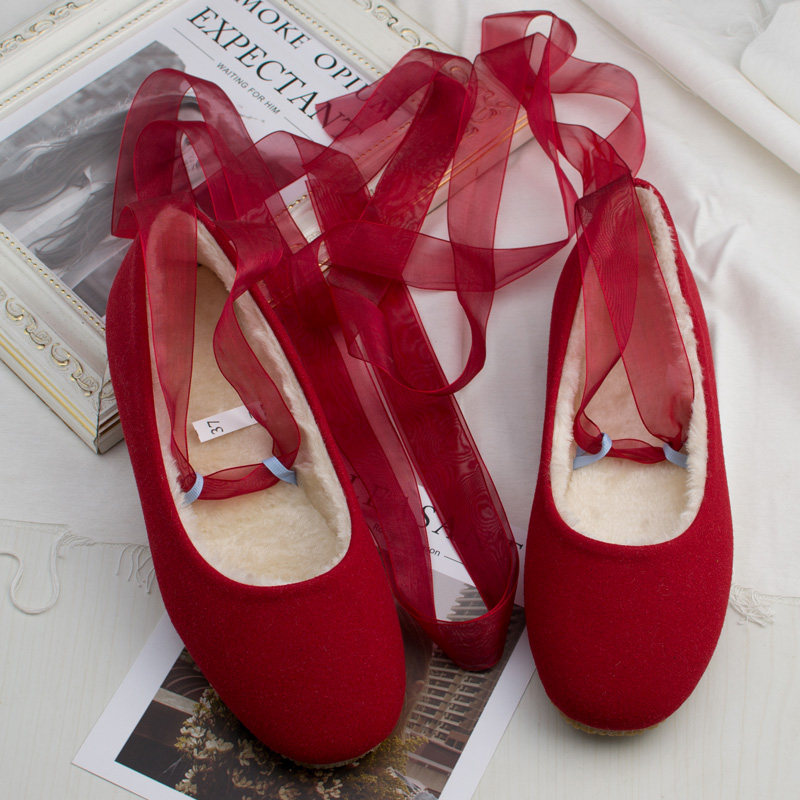 丝带交叉带豆豆鞋浅口复古外穿芭蕾舞鞋韩国加绒单鞋红色小红鞋女,女鞋,时尚芭蕾鞋,淘宝优惠券,粉丝福利购,淘宝优惠卷