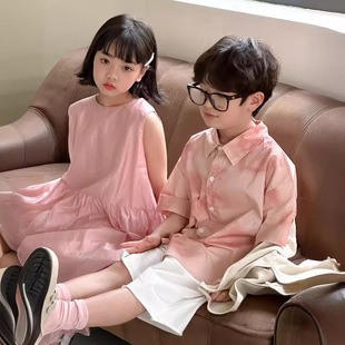 2026夏款炸街洋气龙凤胎兄妹装套装儿童姐弟装短袖连衣裙夏装韩版