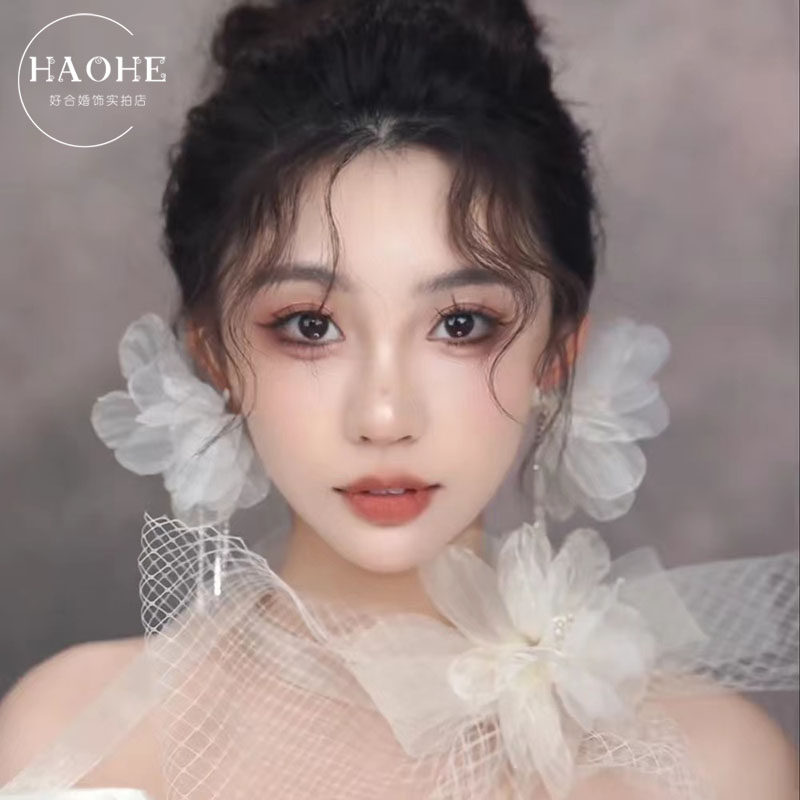 森系鲜明网纱蝴蝶结绢纱花朵颈花项链耳环套装影楼新娘结婚头饰品