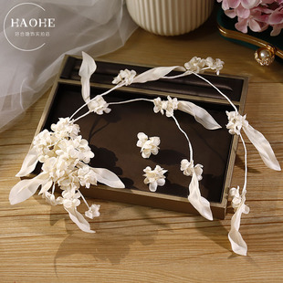 新款森系白色仿真花发夹耳环套装新娘简约仙美头饰婚纱礼服配饰品