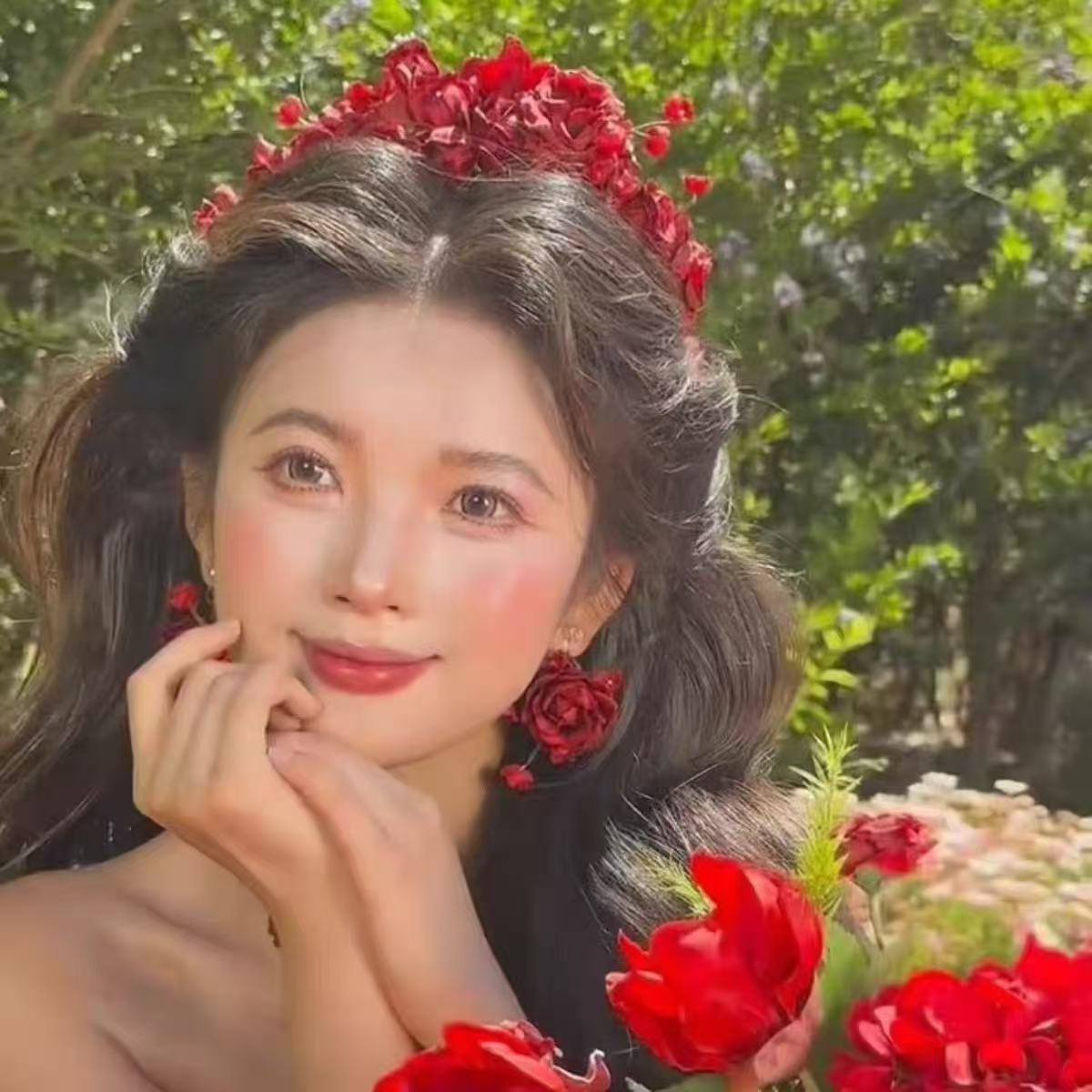 涵汐新中式新娘红色玫瑰皇冠发饰