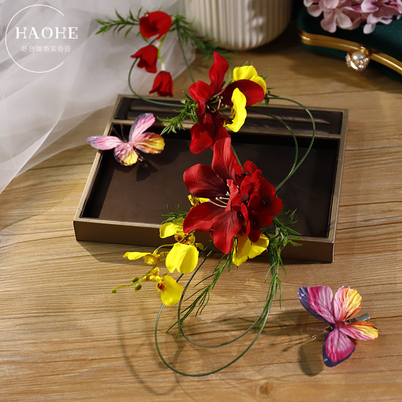 森系原创红黄撞色仿真花蝴蝶发夹新娘婚纱礼服轻奢氛围感造型发饰