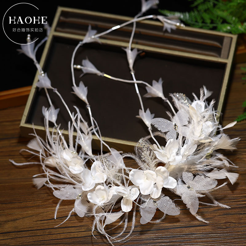 韩式白色羽毛花朵发夹新娘仙女风造型头饰轻奢高级感婚纱配饰品女