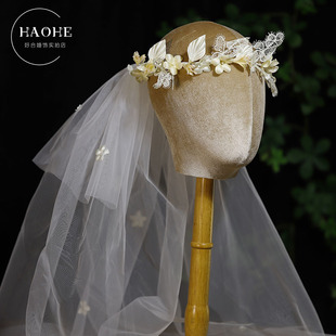 复古超仙气质花朵花环头纱新娘婚纱礼服头饰韩式影楼造型旅拍发饰