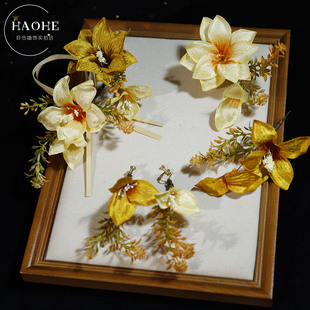 2026新品仿真花手工头饰边夹新中式金黄色竹边套装敬酒服晨袍配饰