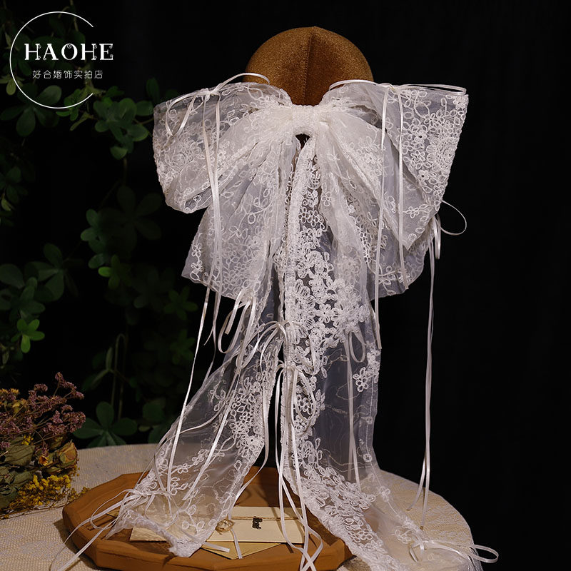 甜美新娘  超大蕾丝蝴蝶结发夹头纱法式少女造型结婚纱礼服头饰品