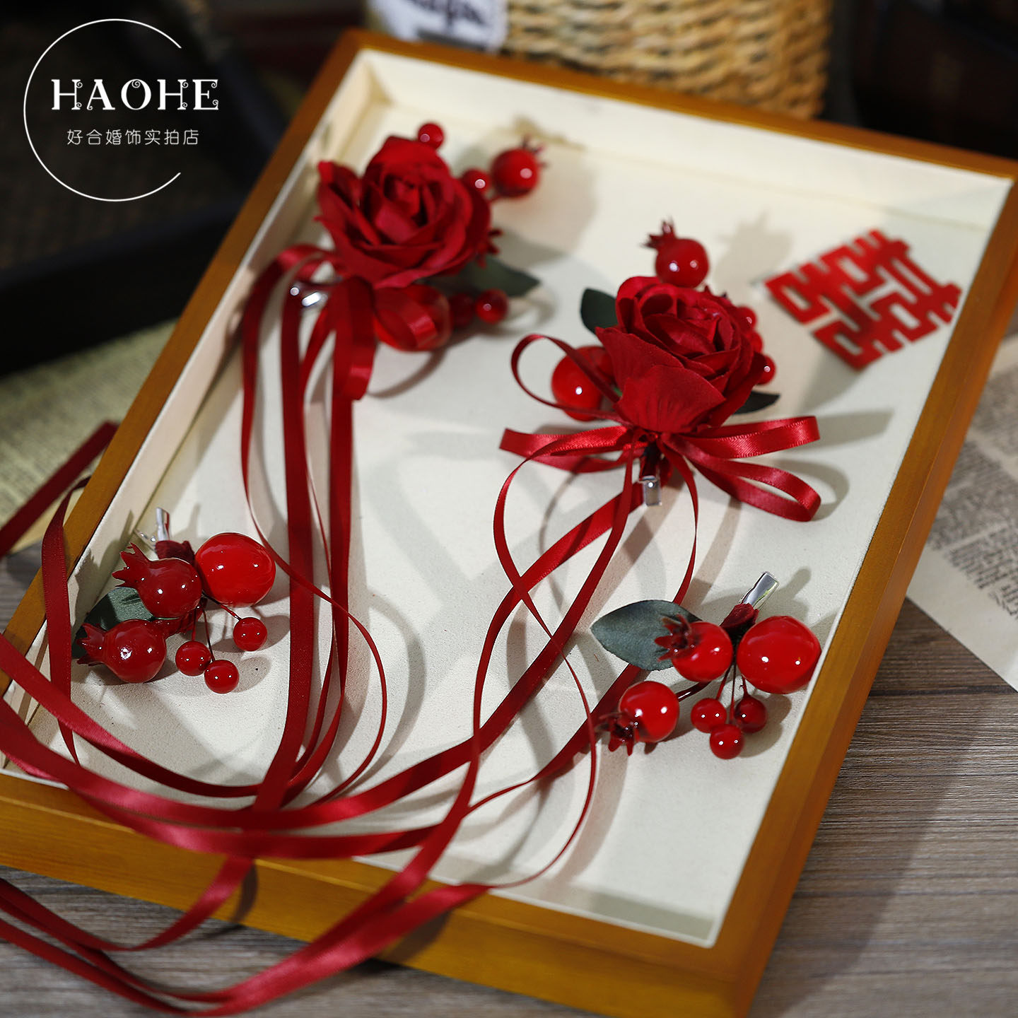 新娘红色仿真花发夹蝴蝶结丝带复古果子甜美晨袍旗袍减龄中式头饰