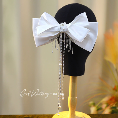 法式缎面流苏大蝴蝶结发夹新娘结婚造型头饰订婚结婚晚宴发饰韩式