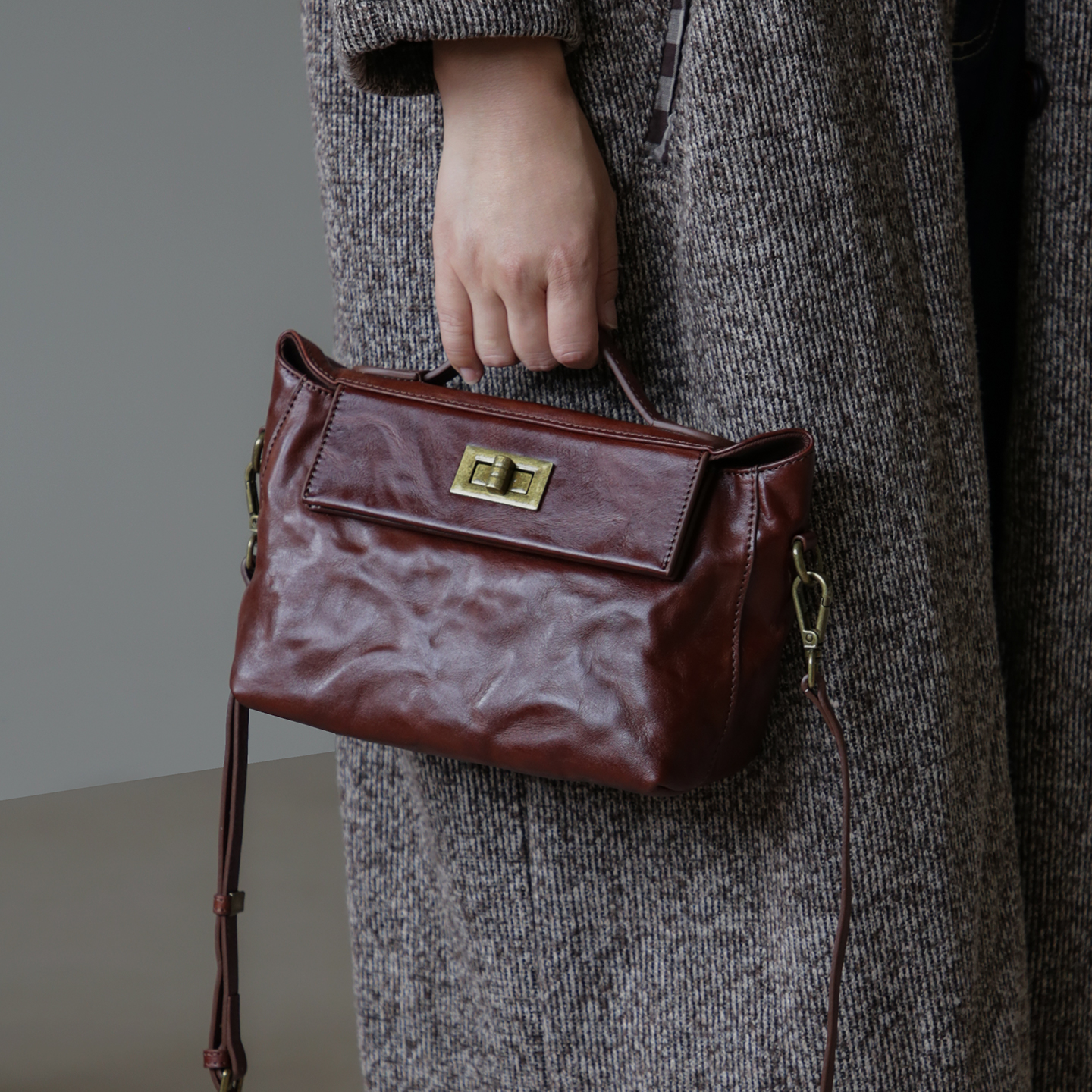 真皮复古手提凯莉包女单肩斜挎包