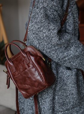 漫色植鞣头层牛皮小双肩包女真皮复古手提单肩斜挎迷你旅行背包