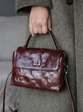 漫色复古褶皱头层植鞣牛皮小方包女高级感真皮手提单肩斜挎小背包