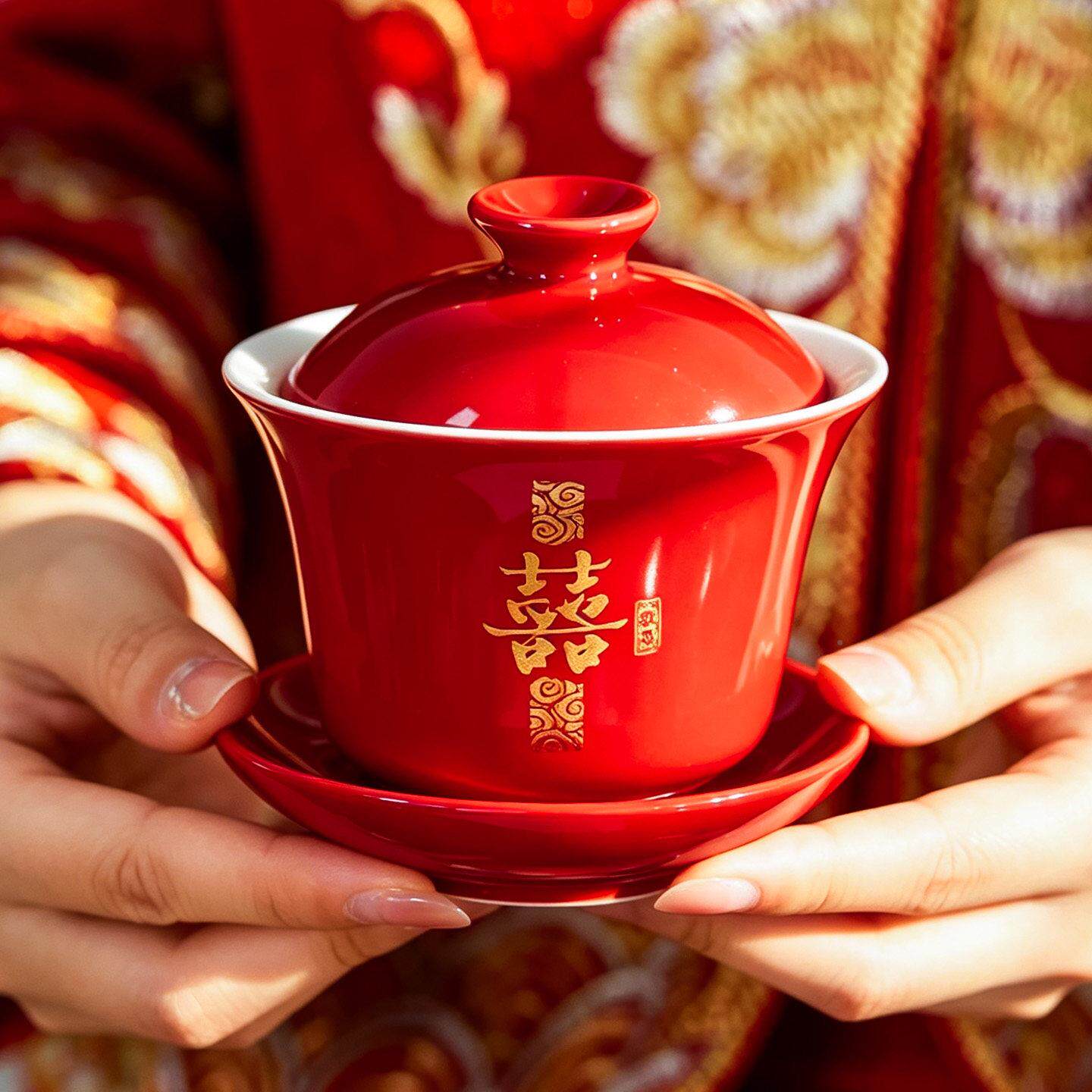 结婚用品大全女方陪杯嫁套装一对具喜碗敬茶新婚改口盖碗茶FX6280