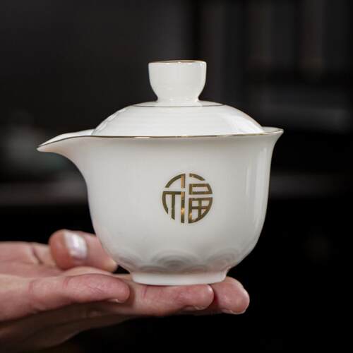 羊脂玉陶瓷盖碗大号三才单个