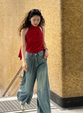 七月伊萨尔 复古显白红色削肩上衣 港风气质无袖飘带挂脖小上衣