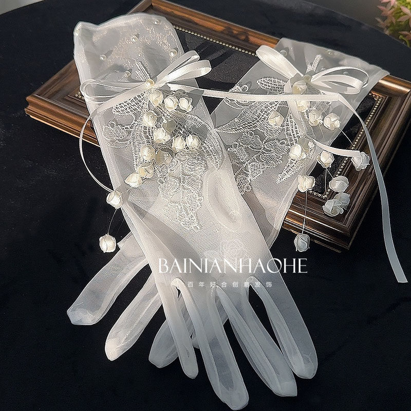 新品法式复古白色铃兰花透明薄纱中长款新娘赫本风蝴蝶结珍珠手套