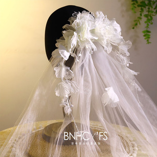 新款仙气手工蕾丝花朵头饰新娘浪漫港风头纱旅拍婚纱跟妆结婚配饰