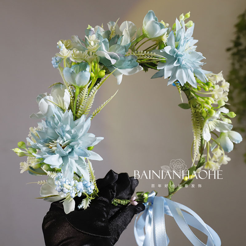 ins森林系蓝色花朵新娘花环头饰度假配饰婚纱摄影绿植婚礼发饰品