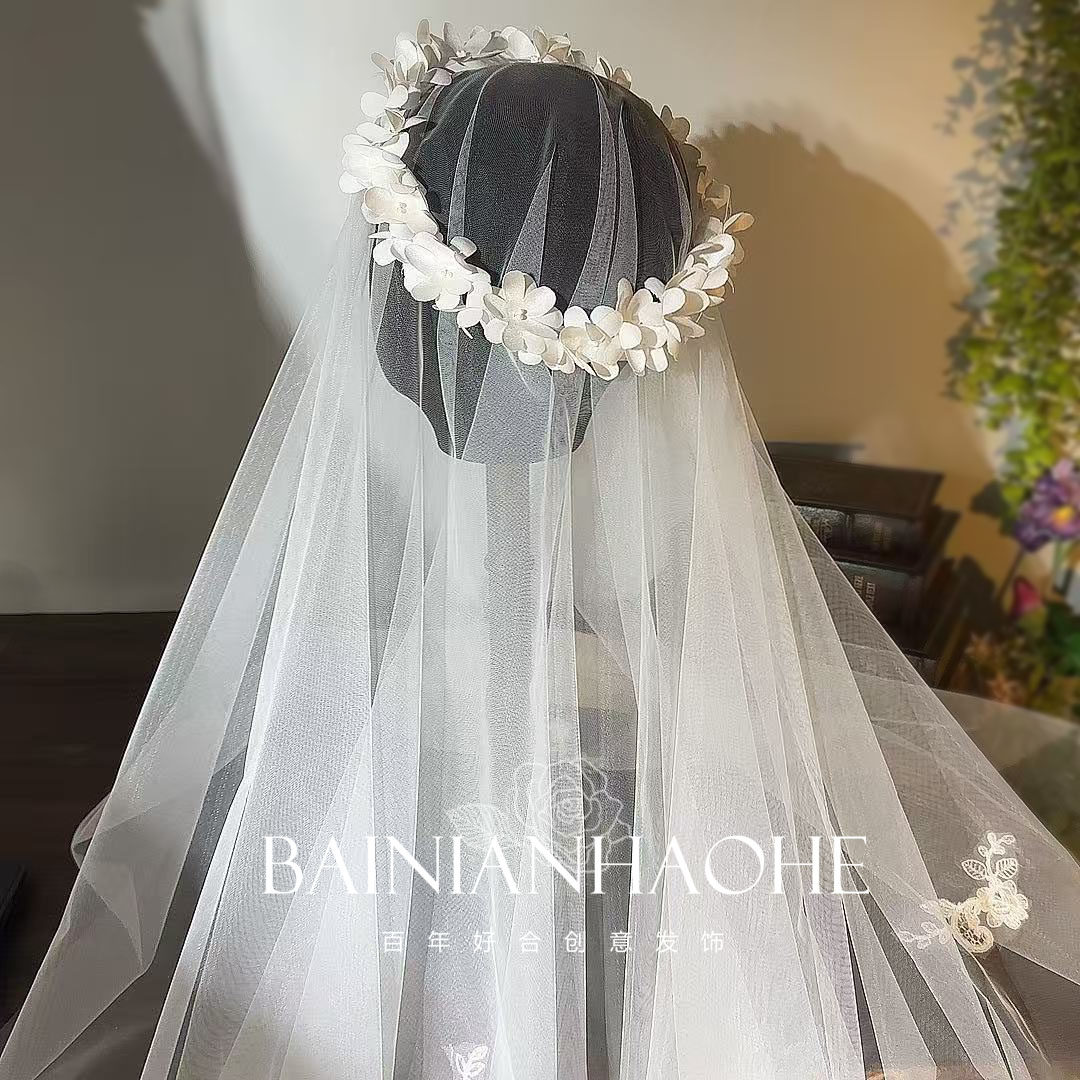 法式复古花朵花环头纱新娘婚礼礼服仙气外景影楼婚纱配饰花环头饰