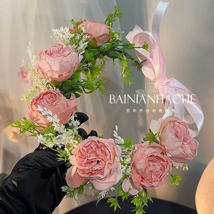 新娘头饰甜美粉色花朵森系清新超仙发箍氛围手作藤条写真拍照花环