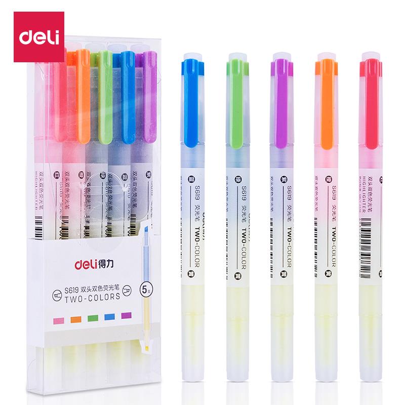 得力S619炫彩荧光笔学生彩色重点标记笔手帐彩虹色记号笔斜头6色