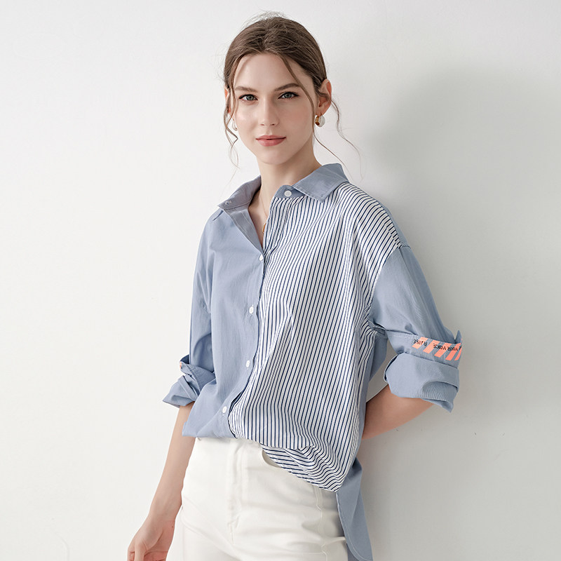 时髦精的衣橱流行线！蓝白拼接条纹衬衫女上衣设计感小众复古港味
