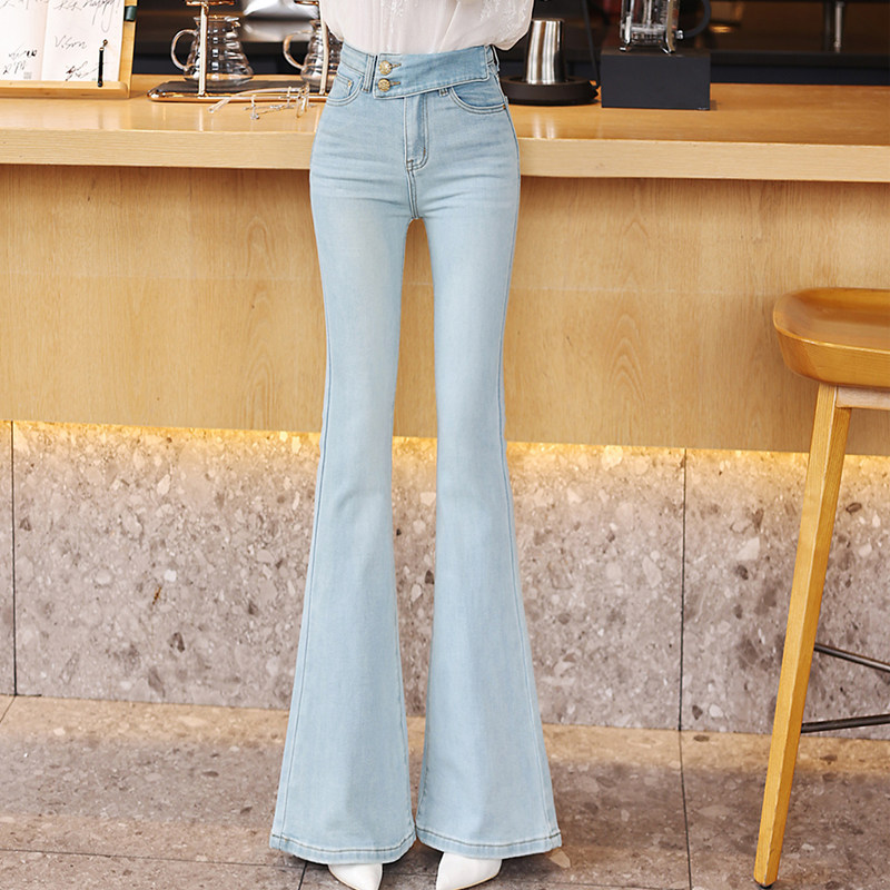 2026浅蓝牛仔微喇裤女设计感不对称翻领双扣高腰显瘦修身长裤潮流,女装/女士精品,牛仔裤,淘宝优惠券,粉丝福利购,淘宝优惠卷